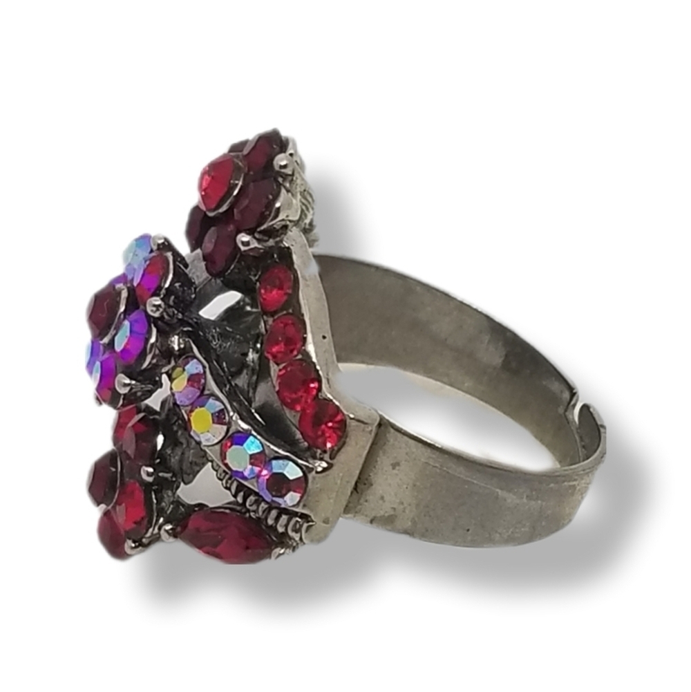 VINTAGE RUBY RED & AURORA BOREALIS RHINESTONE FLOWER DESIGN ADJUSTABLE RING - Picture 4 of 5
